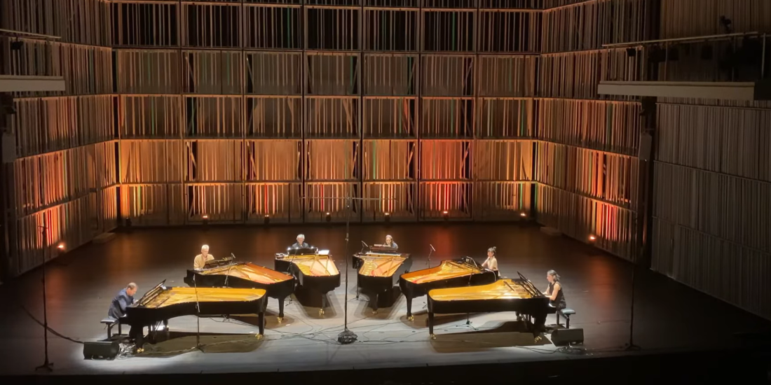 Six Pianos assembled on the stage of Concertgebouw Brugge