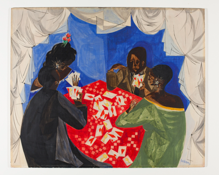 Jacob Lawrence, The Card Game, 1953. Courtesy of SCAD Museum of Art; gift of Dr. Walter O. Evans and Mrs. Linda J. Evans © The Jacob and Gwendolyn Knight Lawrence Foundation, Seattle/Artists Rights Society (ARS), Sabam 2025