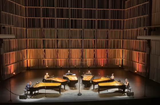Six Pianos assembled on the stage of Concertgebouw Brugge